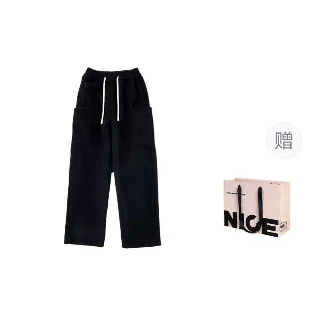 水田夏 羊羔绒男女秋冬季加厚宽松百搭多口袋保暖工装直筒裤休闲裤 男款