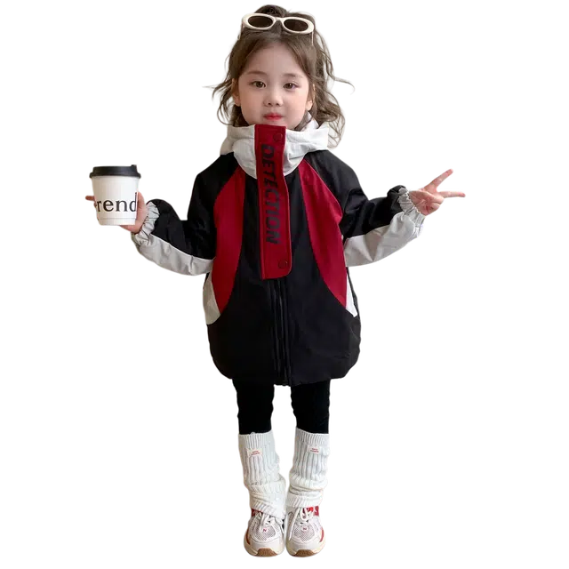 帕兰朵派克服 女童冲锋衣外套秋冬款儿童宝宝冬季撞色夹棉棉服女孩冬装夹克 中小童