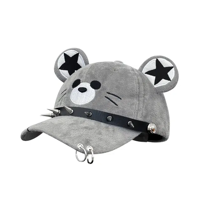 钓鱼熊 原创小众朋克暗黑铆钉可爱百搭 毛绒 鸭舌帽 男女同款情侣款