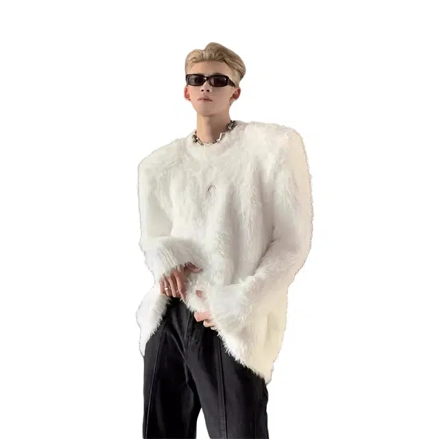 虫小绿 秋冬季慵懒风仿水貂毛绒垫肩上衣潮流高级感痞帅休闲纯色毛衣百搭宽松套头圆领针织衫 男女同款