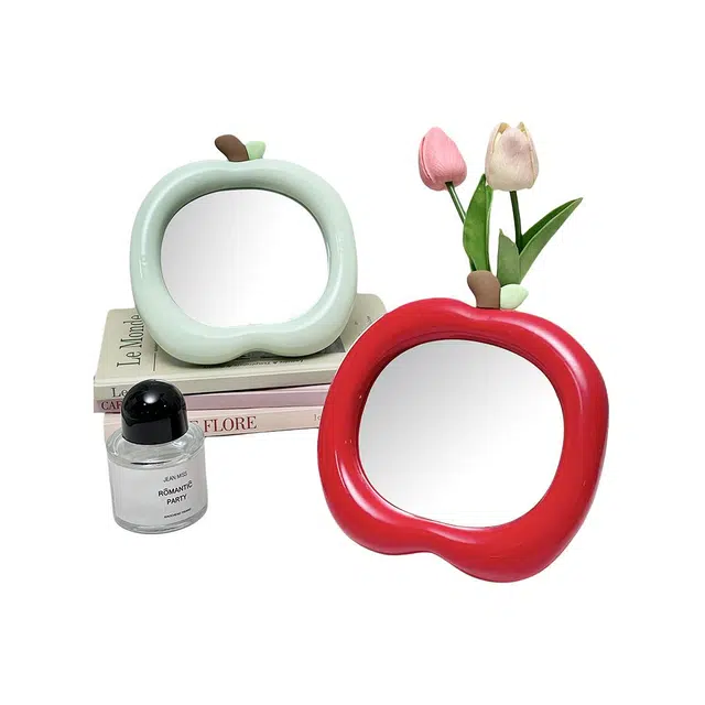 顽顽苹果化妆镜学生宿舍办公室桌面台式可立随身可爱小镜子梳妆镜便携 小巧