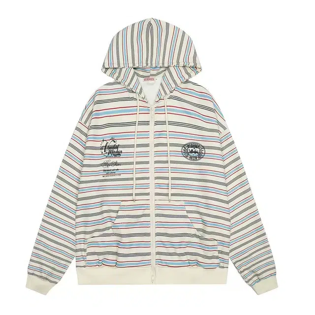 思蓓儿 撞色条纹连帽开衫女秋冬拉链外套慵懒风宽松休闲上衣卫衣 女款