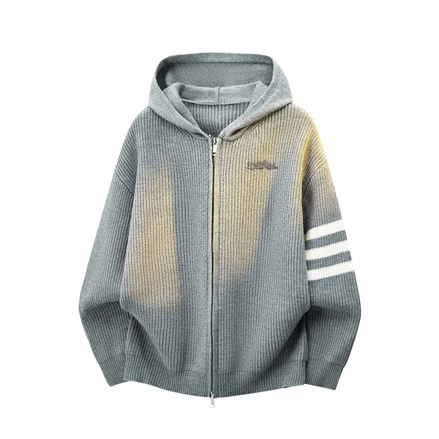 【三道杠连帽肌理感设计】赫赫良衣 美式复古痞帅高街风拉链开衫长袖休闲舒适保暖宽松日常通勤时尚百搭小众高级感潮牌针织衫外套 男女同款