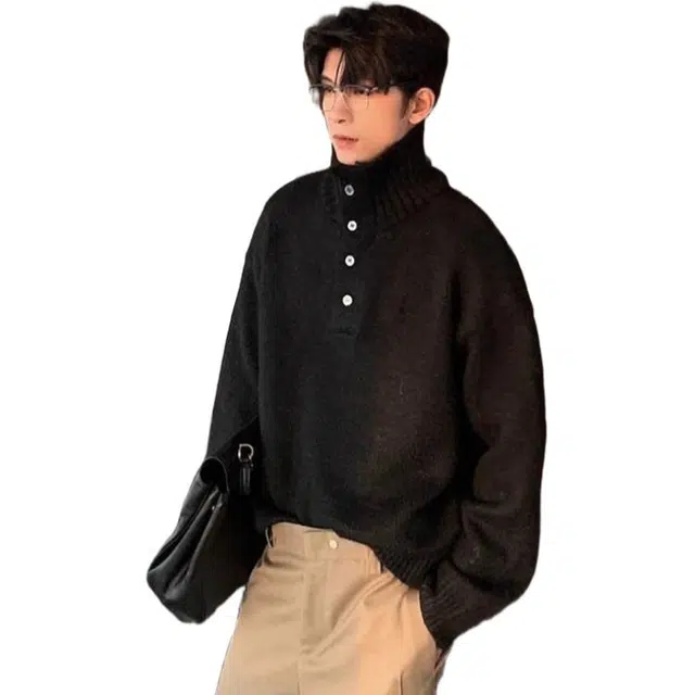 大格子与黑猫 美式潮牌内搭高领冬季加厚宽松百搭套头针织衫 男女同款