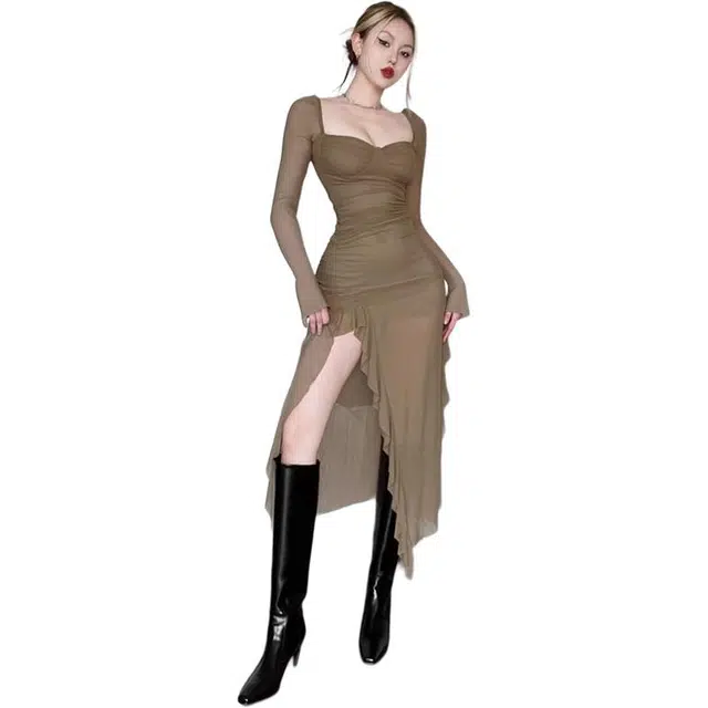 纤丝鸟 法式气质优雅显白收腰不规则拼接长裙长袖连衣裙 女款