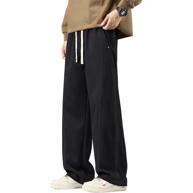 宝米卡 高街百搭舒适松紧腰直筒阔腿长裤弹力美式纯色时尚拼接户外运动休闲裤 男女同款