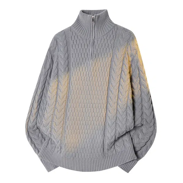 棉基因 美式复古不规则拼接结构设计款软糯懒感麻花纹理学院风休闲时尚宽松舒适保暖落肩长袖毛衣 男女同款