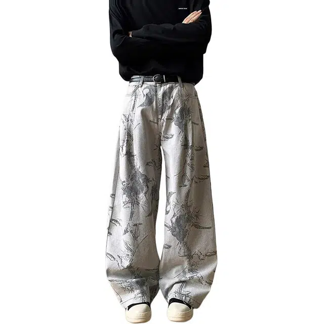 如续 潮流新中式水墨印花阔腿长裤国潮高级感竹子直筒拖地休闲牛仔裤 男女同款