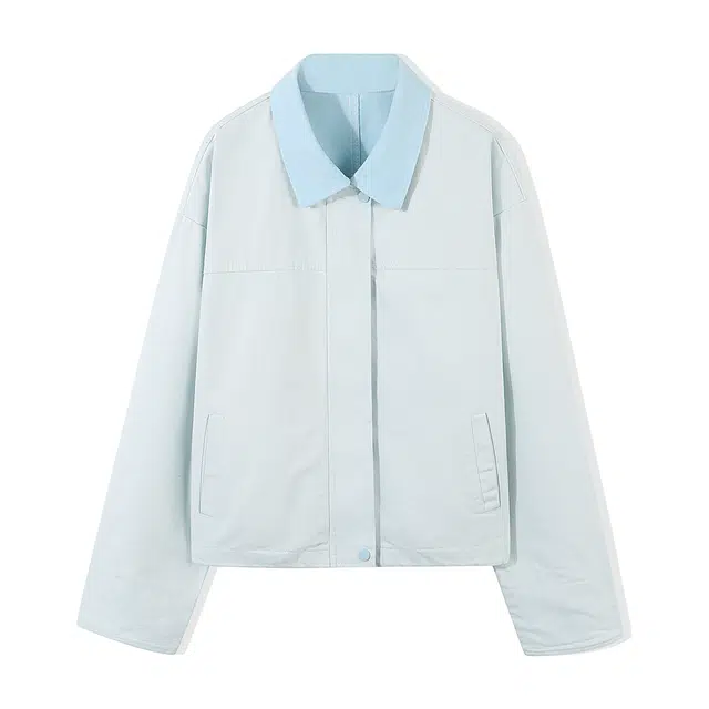 重磅基础 美式高级感撞色浅蓝色超好看翻领夹克户外出游轻松减龄时尚拼接休闲宽松牛仔外套 男女同款