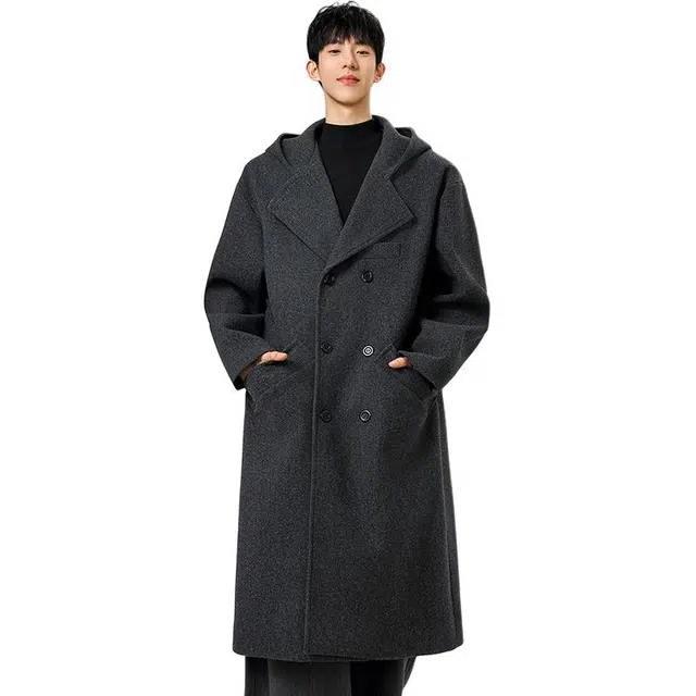 加荣 纯色基础款连帽高级感毛呢长款过膝青少帅气慵懒风松弛感防风风衣 男女同款