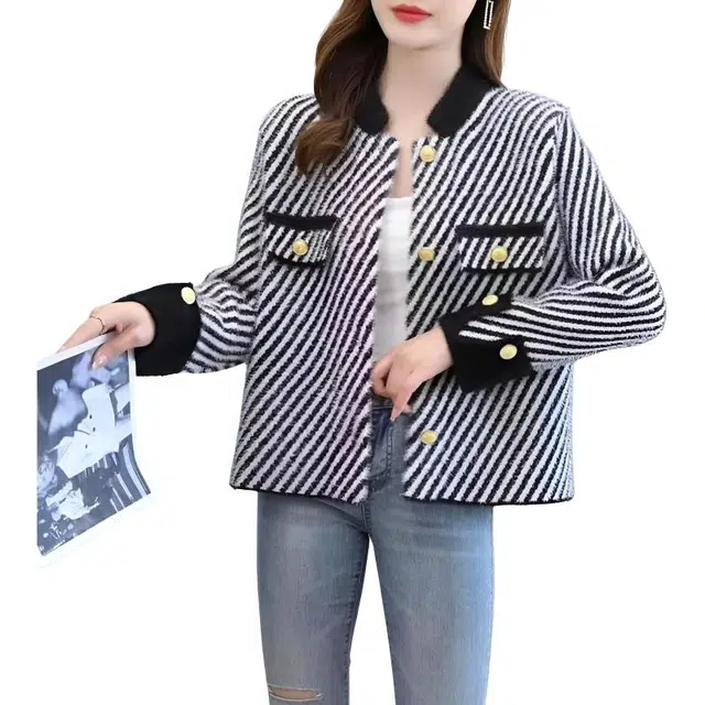 纤丝鸟 设计感修身时尚撞色长袖小香风短款上衣截短外套 女款