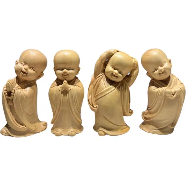 得笙陌 四小沙弥招财进宝新中式实木雕刻桌面 黄杨木 摆件 男女同款情侣款