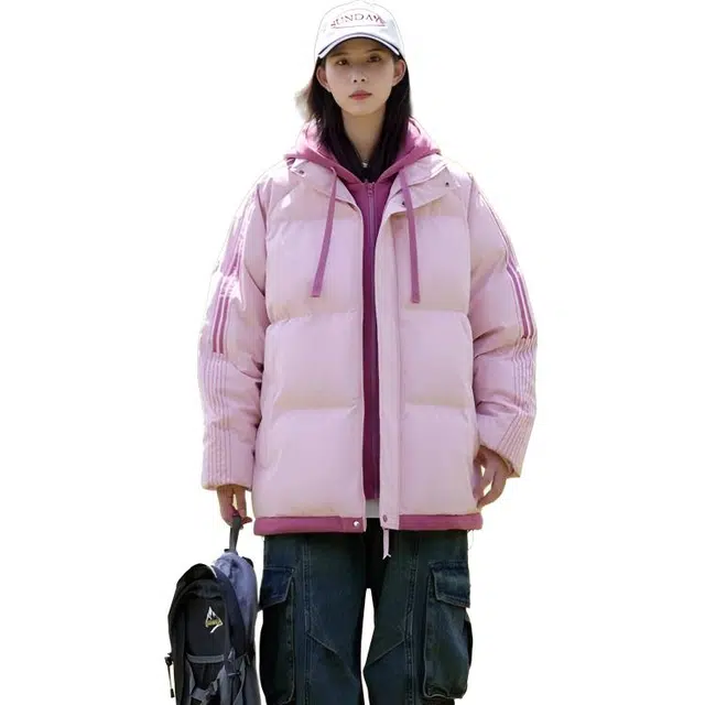 纤丝鸟 美式百搭休闲连帽学生外套宽松条纹面包服棉服 女款