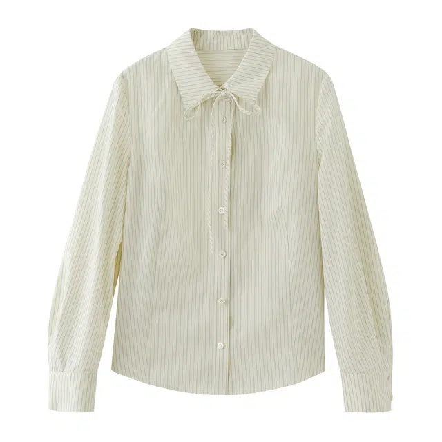 花栗鼠小姐 慢调清茶 美式复古系带设计高透气天丝正肩挺阔衬衣女修身显瘦舒适学院风日常百搭通勤职场简约条纹单排扣翻领长袖衬衫 女款