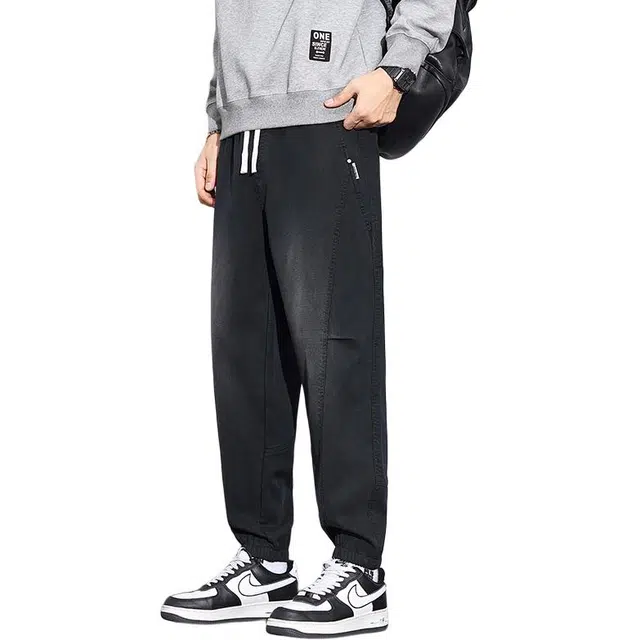 协协乐 高街机能风拼接氛围感秋冬季美式复古潮牌宽松哈伦九分束脚裤百搭青少年弹力抽绳休闲运动长裤工装裤 男款