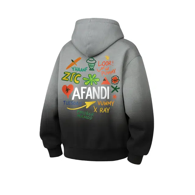 阿凡迪 渐变连帽嘻哈潮流品牌美式高街字母多巴胺手绘趣味元素印花无性别主义穿搭日常通勤户外运动休闲落肩宽松舒适套头卫衣 男女同款