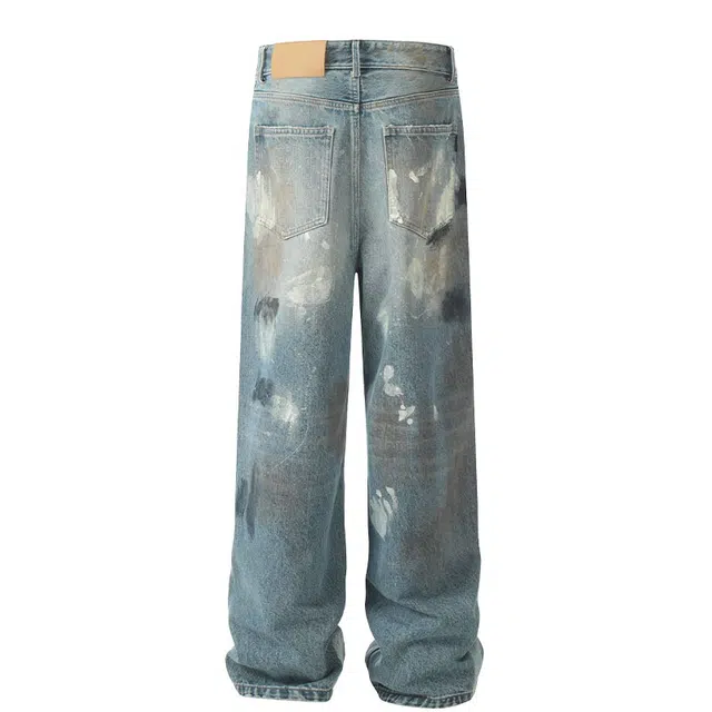 极限涡轮 美式复古高街小众废土风做旧脏染喷墨宽松休闲百搭设计感长裤牛仔裤 男女同款