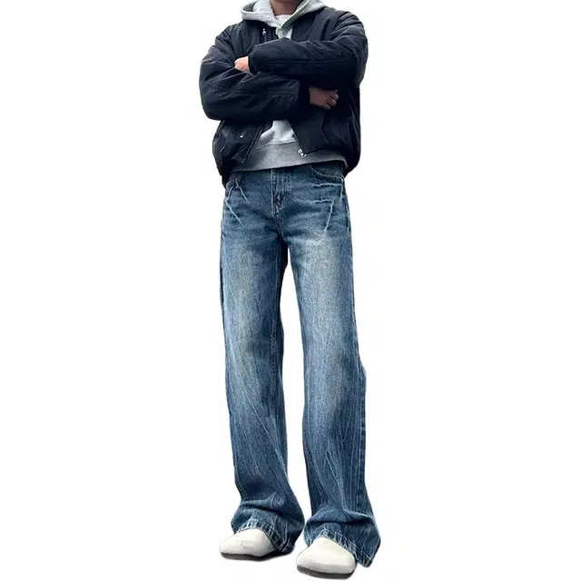 如续 潮流设计感闪电裂纹水洗直筒长裤美式复古宽松百搭舒适休闲牛仔裤 男女同款