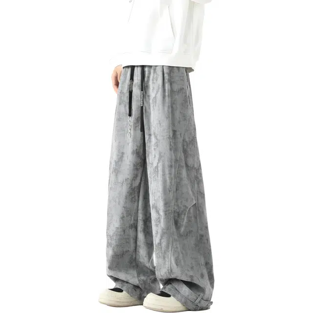 敦煌博物馆 美式复古扎染格纹提花直筒阔腿拖地慵懒感长裤舒适亲肤中腰松紧抽绳潮流嘻哈街头风百搭运动休闲裤 男女同款