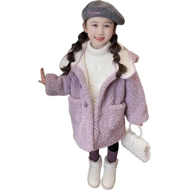 花乐集 棉衣 女童洋气加厚毛毛衣外套秋冬女孩加绒衣服女宝宝网红保暖连帽上衣 中小童