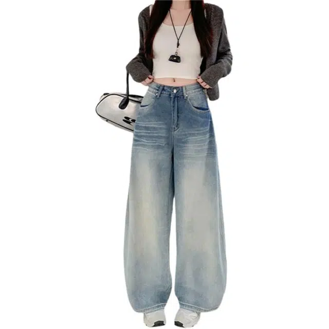 荟萃阁 美式复古弯刀宽松直筒阔腿牛仔裤 女款