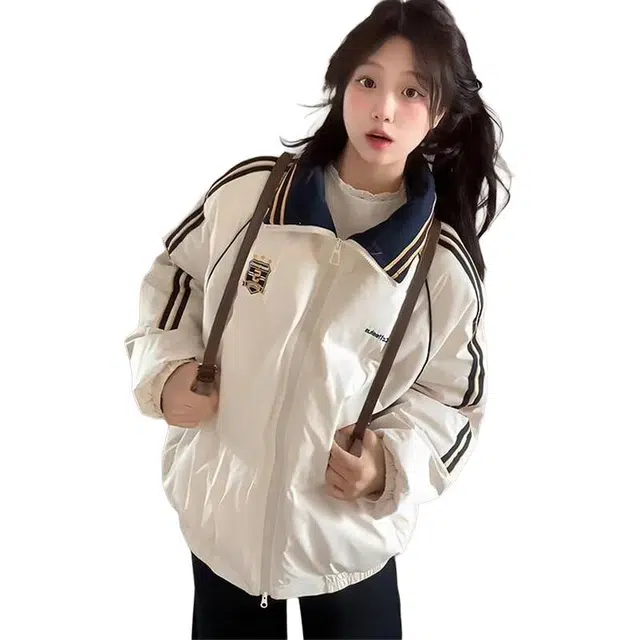 纤丝鸟 复古撞色衣宽松学生条纹刺绣面包显瘦外套舒适棉服 女款