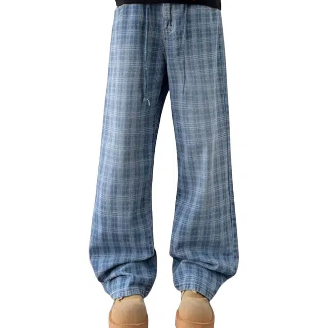 笔杏 美式格纹阔腿复古格调街头风碰撞高级感微喇宽松版型低腰随性质感融合设计潮流日常通勤牛仔裤 男女同款