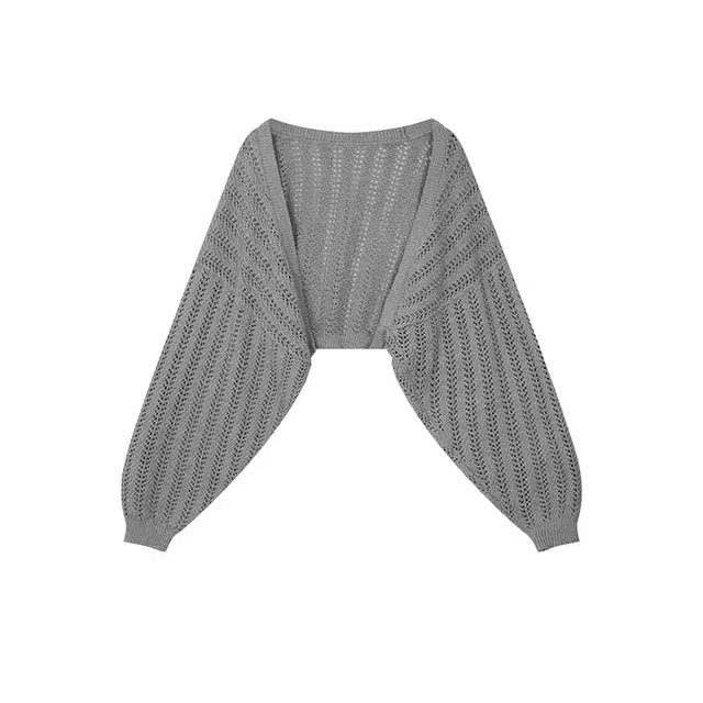 望莱仕 灰色薄款镂空防晒宽松高级感外罩衫短款上衣披肩针织衫 女款