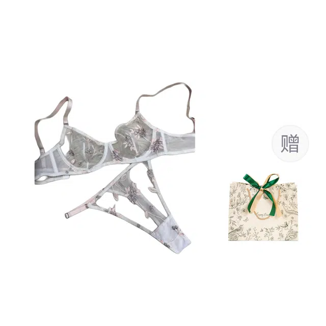 皇室品轩 性感超薄透明网纱绣花钢圈防下垂大胸显小聚拢文胸内衣裤套装 女款