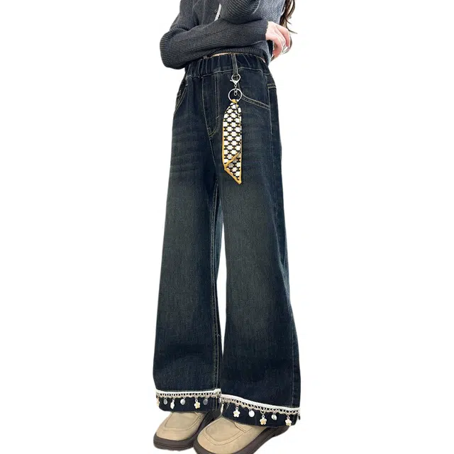 黑恐龙牛仔裤 春秋款大童休闲纯色长裤 青少年