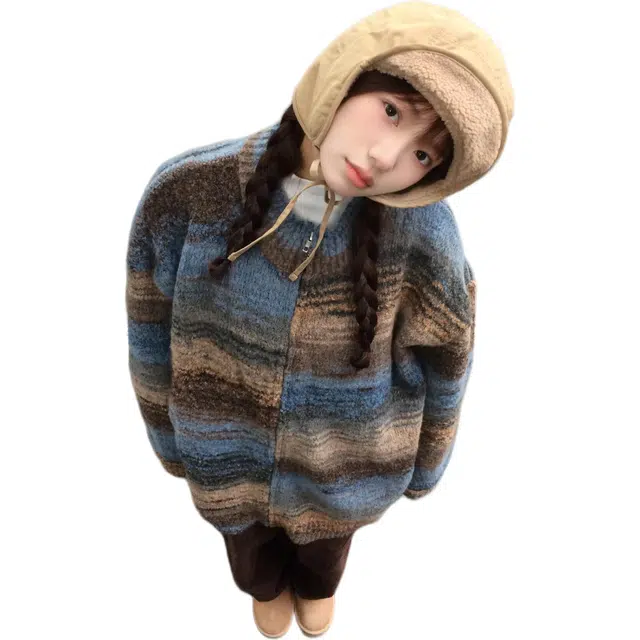 小卷要加油 美式复古拉链外套女秋冬韩系慵懒风彩色条纹开衫针织衫 女款