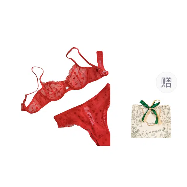 皇室品轩 跨境性感情趣蕾丝超薄透视心形印花女士大胸显小文胸内衣裤套装 女款