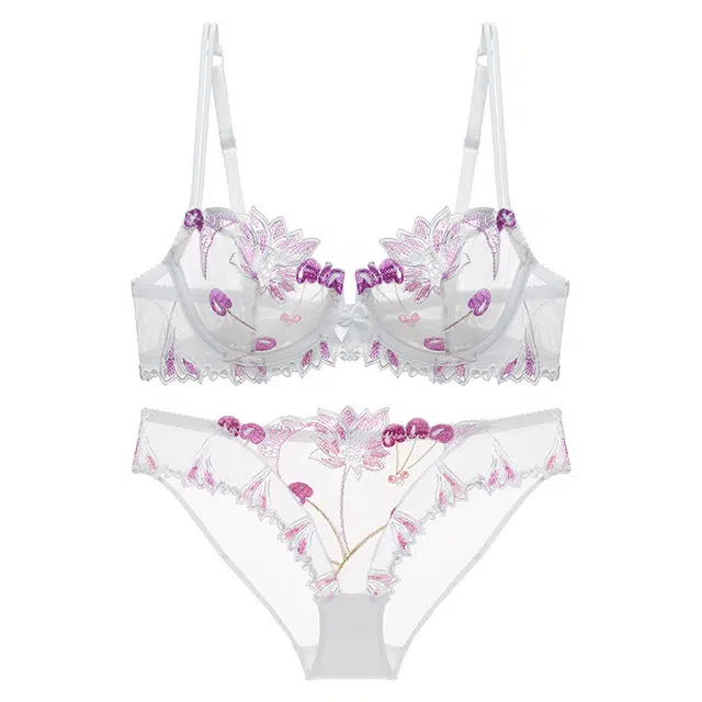 皇室品轩 超薄刺绣蕾丝性感文胸花朵胸罩薄款透明内衣裤套装 女款