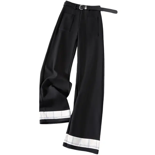 她池 含绵羊毛高腰撞色格纹拼接加绒长款直筒休闲裤 女款 黑色