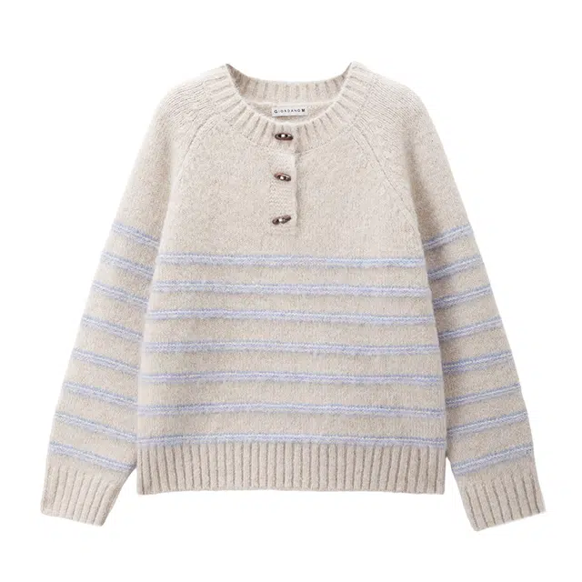 佐丹奴 条纹圆领牛角扣半开襟插肩毛织针织衫 女款