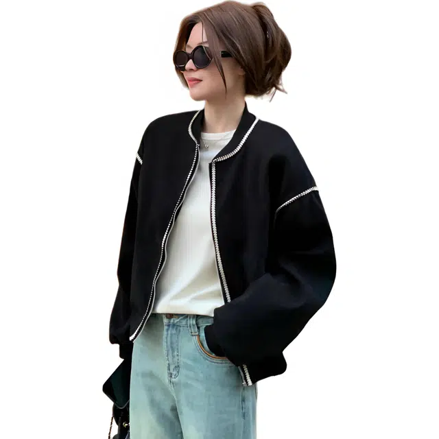 小卷要加油 麦穗纹复古休闲短款棒球服女秋季宽松黑色开衫外套夹克 女款