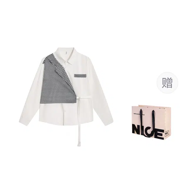 水田夏 宽松型青少年秋季长袖日系原宿假两件外套男韩版潮百搭格子衬衫 男款