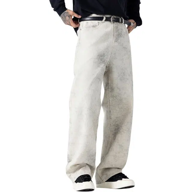 帝狼牛 美式潮牌扎染水洗直筒裤街头百搭潮流工装牛仔裤 男女同款