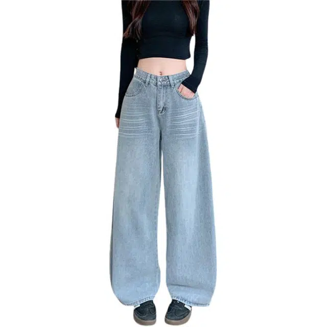 荟萃阁 美式辣妹高腰宽松直筒阔腿长裤子牛仔裤 女款