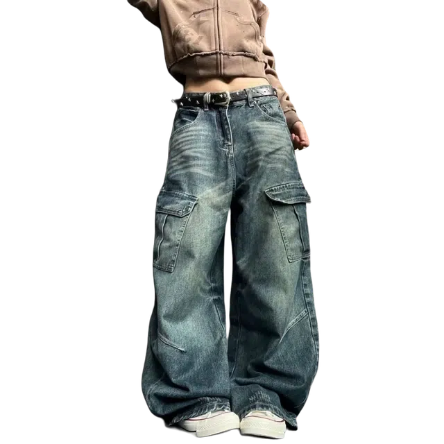 笔杏 美式复古高街潮牌水洗做旧大口袋小众创意个性设计工装拖地显瘦显高弯刀百搭微喇痞帅嘻哈阔腿街头舒适牛仔裤 男女同款