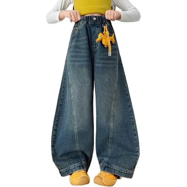 黑恐龙牛仔裤 春秋季阔腿裤儿童纯色韩版中腰长裤 儿童款