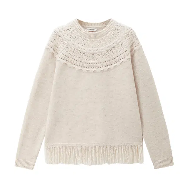 佐丹奴 费尔岛镂空提花流苏下摆圆领套头针织衫 女款