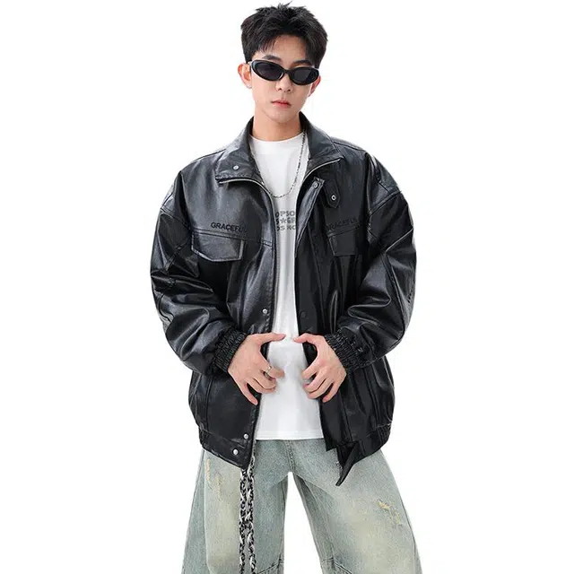 佐菲利 美式高街立领皮衣潮牌痞帅荔枝纹皮宽松设计感工装外套夹克 男女同款