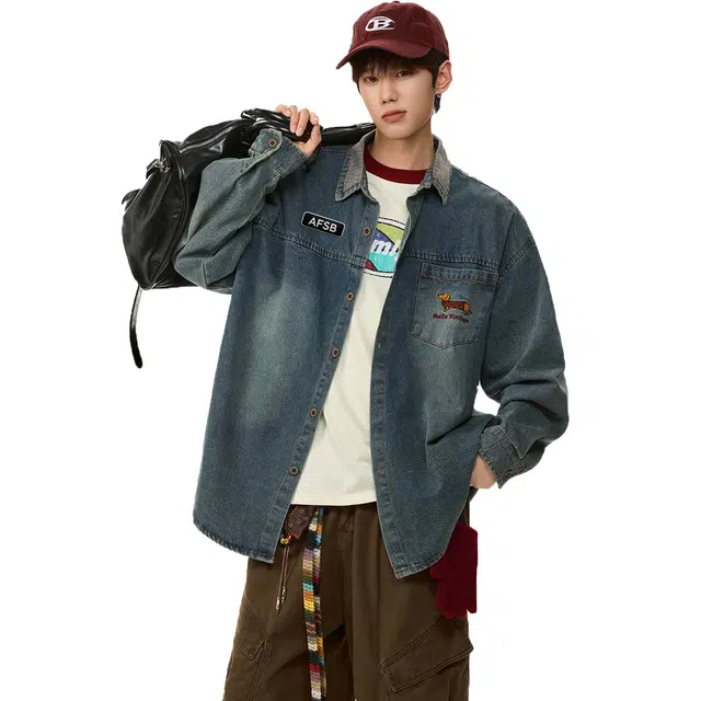 艾梵斯贝 美式复古潮流腊肠狗刺绣拼接水洗翻领小众设计款无性别日常通勤百搭宽松休闲时尚高级感衬衫牛仔外套 男女同款