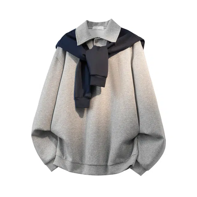 哲源 美式复古简约学院风高级感上衣假两件披肩翻领设计感春秋外套潮牌舒适日常通勤百搭休闲长袖卫衣 男女同款