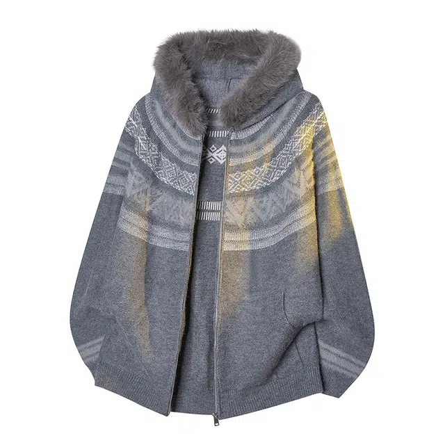 棉基因 费尔岛提花撞色柔软舒适加厚保暖御寒连帽毛领腰果花基础款百搭时尚宽松休闲打底衣针织毛衣 男女同款