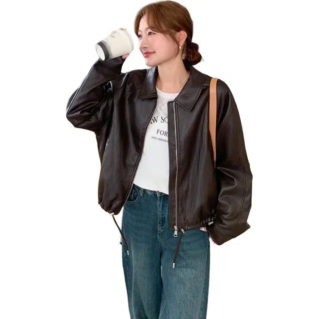 思蓓儿 别致设计感外套女早春秋美式复古又酷又飒工装风夹克皮衣 女款