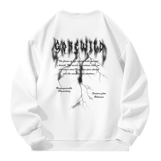 海底小纵队 美式高街复古哥特字体闪电印花宽松多巴胺色系情侣运动纯色基础长袖休闲嘻哈保暖加绒加厚潮流圆领套头无帽卫衣 男女同款