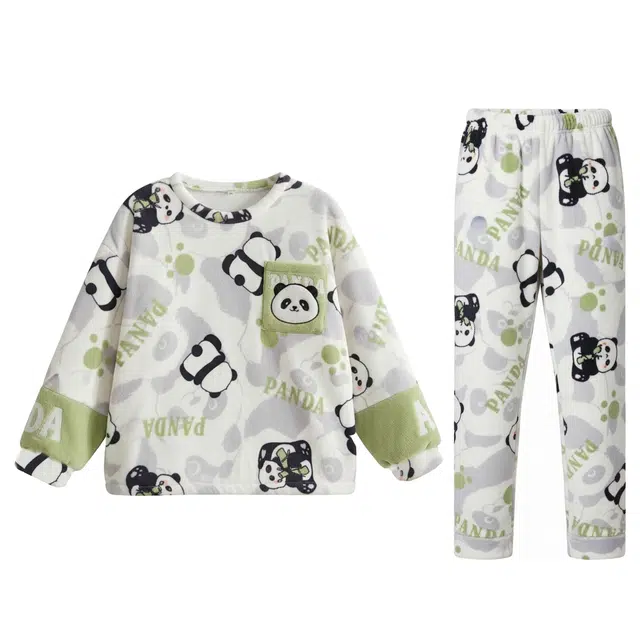 俏霓桐 卡通可外穿熊猫舒适加厚加绒珊瑚绒圆领青少年学生保暖家居服睡衣套装 男款