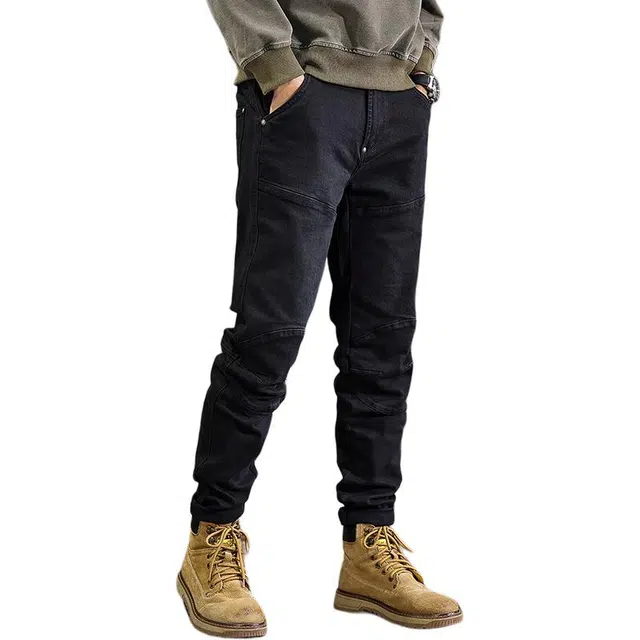 遨宇 高端美式经典复古潮流拼接工装中性风秋季潮牌休闲户外百搭痞帅机车修身直筒牛仔裤 男款